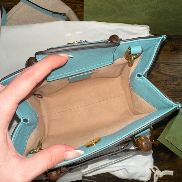Gucci Mini Diana Bamboo Handle Tote Leather Light Blue Turquoise - Picture 12 of 13